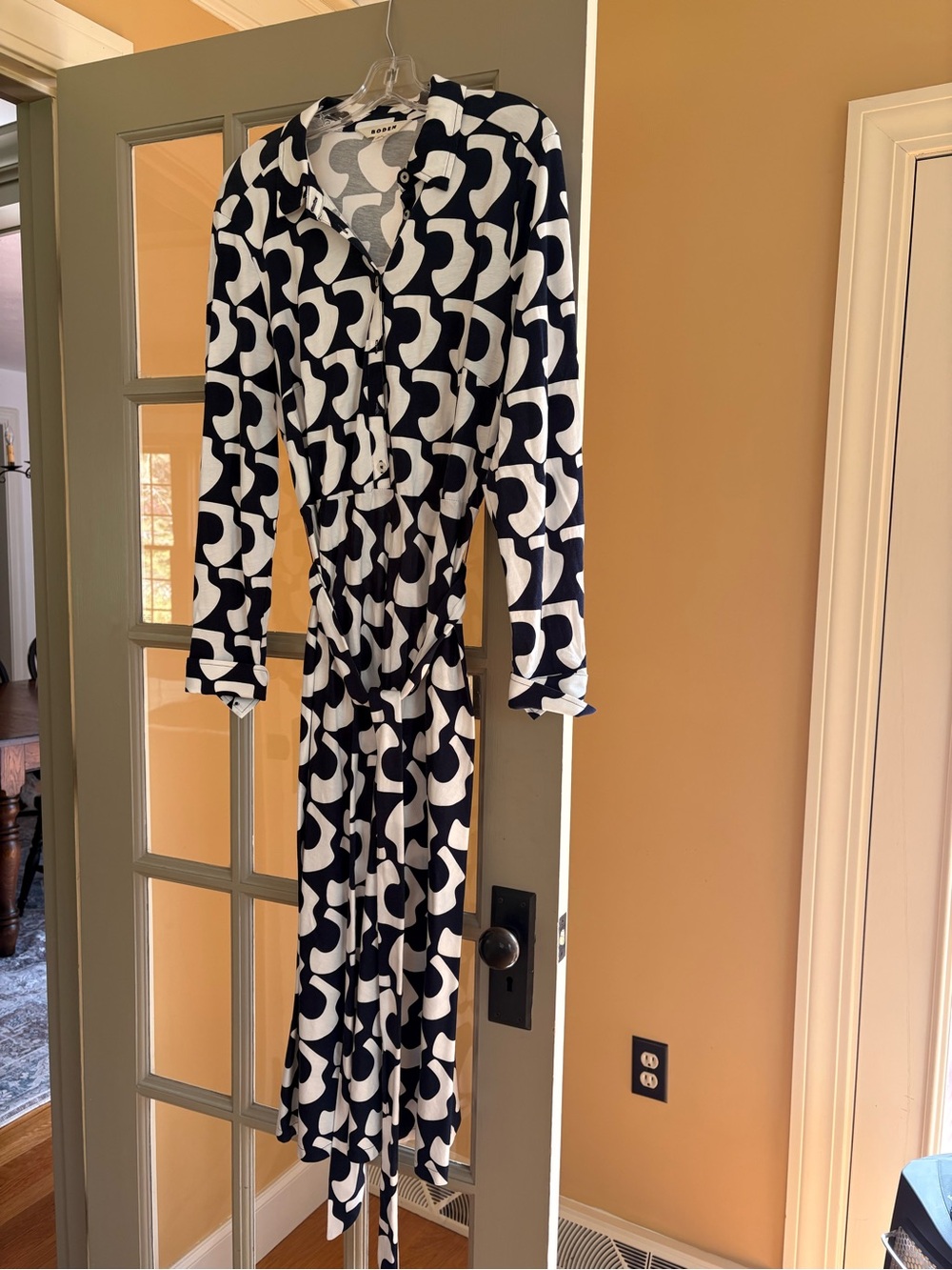 Boden Navy and White Geometric Long Sleeve Midi Dress
